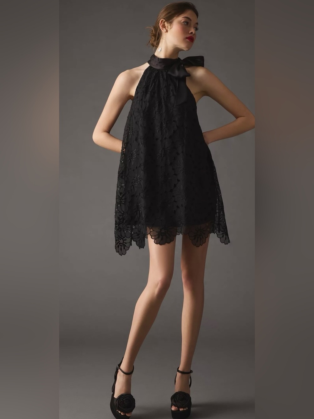 Anthropologie - Maeve, Black Lace Halter Mini Dress with Neck Bow, xl